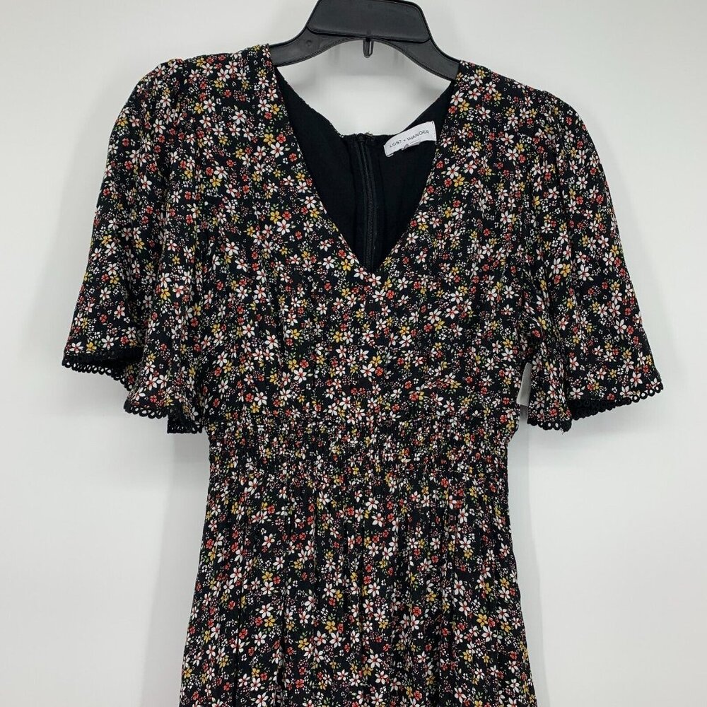 Lost + Wander Dress Maxi Black Floral Print V Neck Short Sleeve Boho - Picture 3 of 13